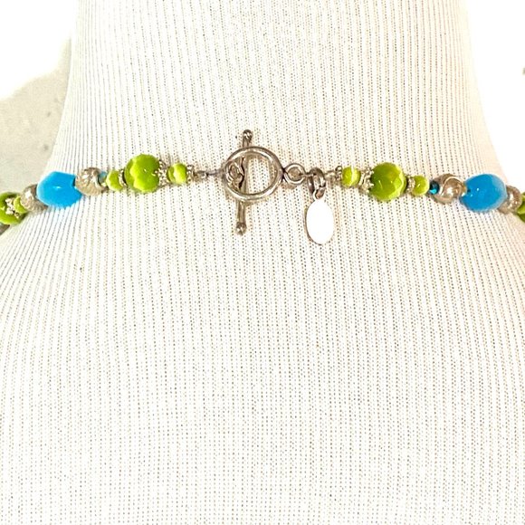 Handmade Blue and Green Cats Eye Sterling Silver 22 Inch Artisan Beaded Necklace - Picture 11 of 11